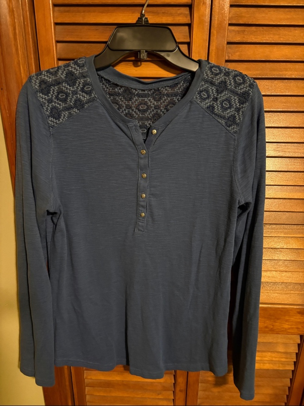 Long-Sleeve Henley with Lace Shoulder Detail - Blue